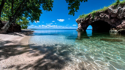 Obraz premium Clear turquoise water ripples onto a sandy beach next to a natural stone arch under a bright blue sky.
