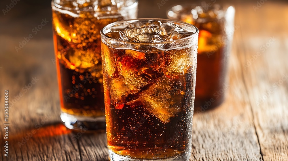 Poster fizzing cola drinks in glass with ice cubes on wooden surface : generative ai