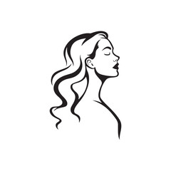 Black and white illustration, minimalist portrait, female profile, long flowing hair 