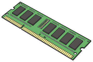  Computer RAM stick, green circuit board, memory module, gold contacts, black integrated circuits, rectangular shape, technological, computer hardware, close-up, high-resolution, detailed, precision e