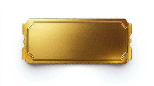 Realistic blank golden luxury ticket or gift certificate isolated on white, empty metallic coupon