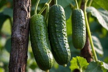 Fresh green ripe cucumbers hanging from the vine grow in organic green