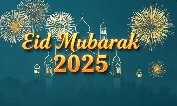 Eid Mubarak 2025 Text Effect Provides Islamic, Ramadan and Mosque Designs With Fireworks Fragments. 4k videos