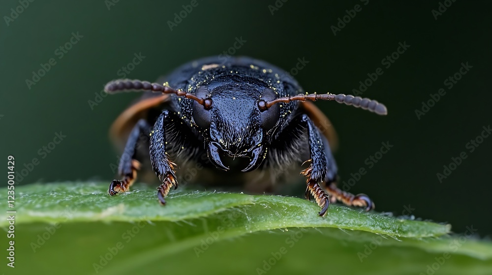 Poster detailed front view of black beetle perched on leaf against a dark green background : generative ai