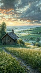 Rustic Wooden Cabin Nestled in Misty Valley with Romantic Impressionist Style