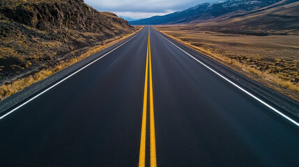Fototapeta premium Aerial view of straight asphalt road surrounded by mountains and grassland