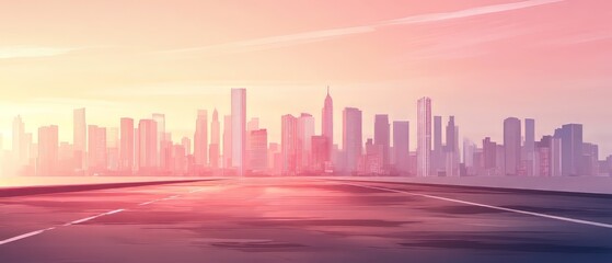 Obraz premium A City Skyline At Sunset, Viewed From An Empty Road. The Scene Is Peaceful And Serene, With A Soft, Warm Light.