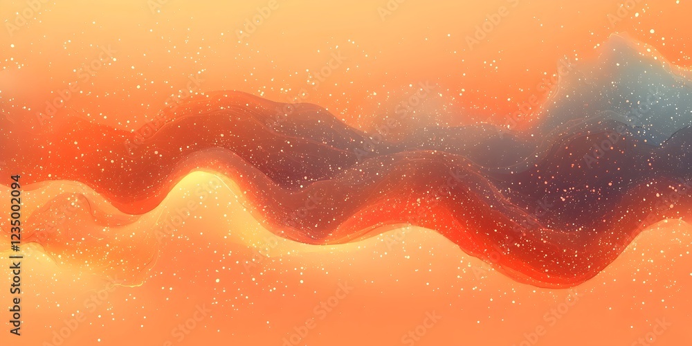 Poster a vibrant abstract scene featuring swirling waves of orange and red hues, interspersed with shimmeri