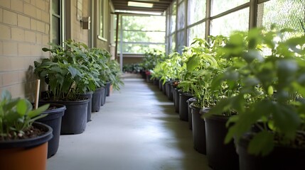 Lush Green Potted Plants Perfectly Lined Along a Sunlit Veranda Offering a Tranquil Urban Escape : Generative AI