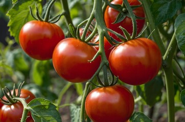 Fresh red ripe tomatoes hanging on the vine plant growing in organic garden