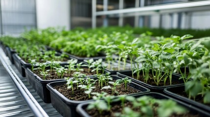 Indoor Greenhouse with Fresh Seedlings Growing in Modern Planters : Generative AI