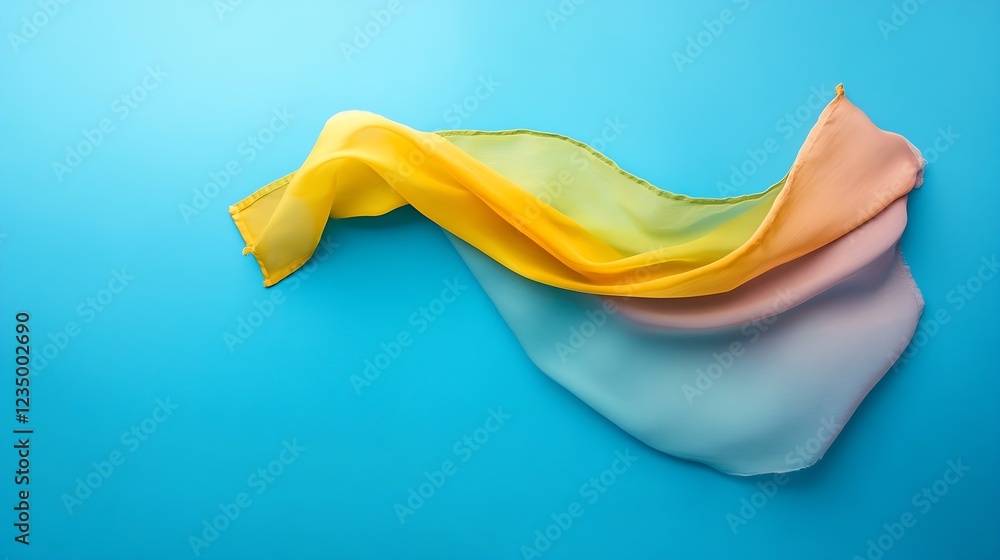 Poster elegant flow of yellow and orange fabric against cyan background : generative ai