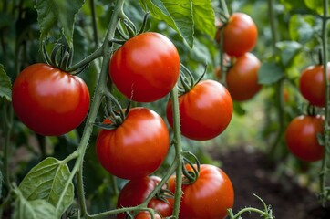 Fresh red ripe tomatoes hanging on the vine plant growing in organic garden