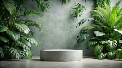 Obraz premium Empty concrete pedestal surrounded by lush green tropical plants, ideal for product showcasing and minimalist design.
