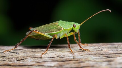 Fototapeta premium Side View of a Green Leaf Katydid Posed on a Wood Surface Outdoors : Generative AI