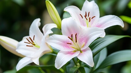 Fototapeta premium Beautiful Pink and White Lily Flowers in Full Bloom in a Lush Green Garden : Generative AI