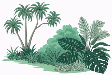 Fototapeta premium Tropical plants, lush foliage, botanical garden, tropical leaves, ferns, monstera, palm fronds, exotic greenery, jungle flora, dense vegetation, varied leaf shapes, natural arrangement, vibrant green