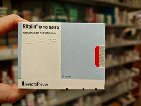 Prague,Czech Republic-February 2 2025: RITALIN box of medication with METHYLPHENIDATE active substance by NOVARTIS,used for treatment of ADHD,narcolepsy.	
