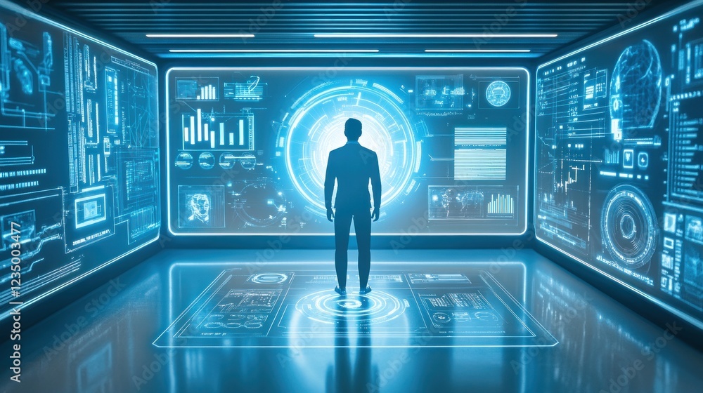 Poster man observing futuristic technological data displays