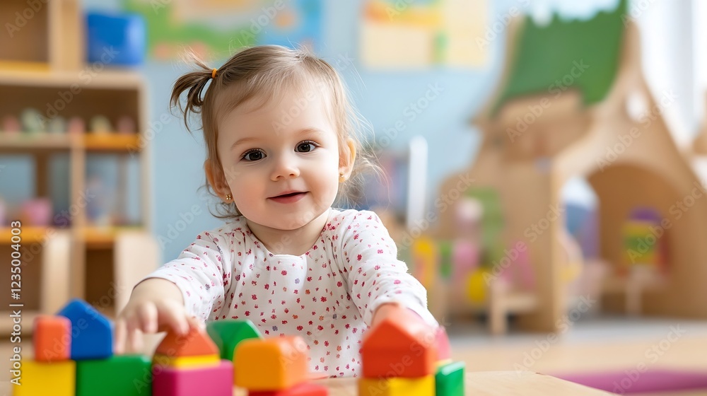 Poster adorable toddler playing with colorful blocks in a fun and engaging playroom : generative ai