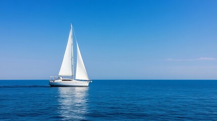 Elegant White Sailboat Gliding on Open Seas with Clear Blue Skies Above : Generative AI