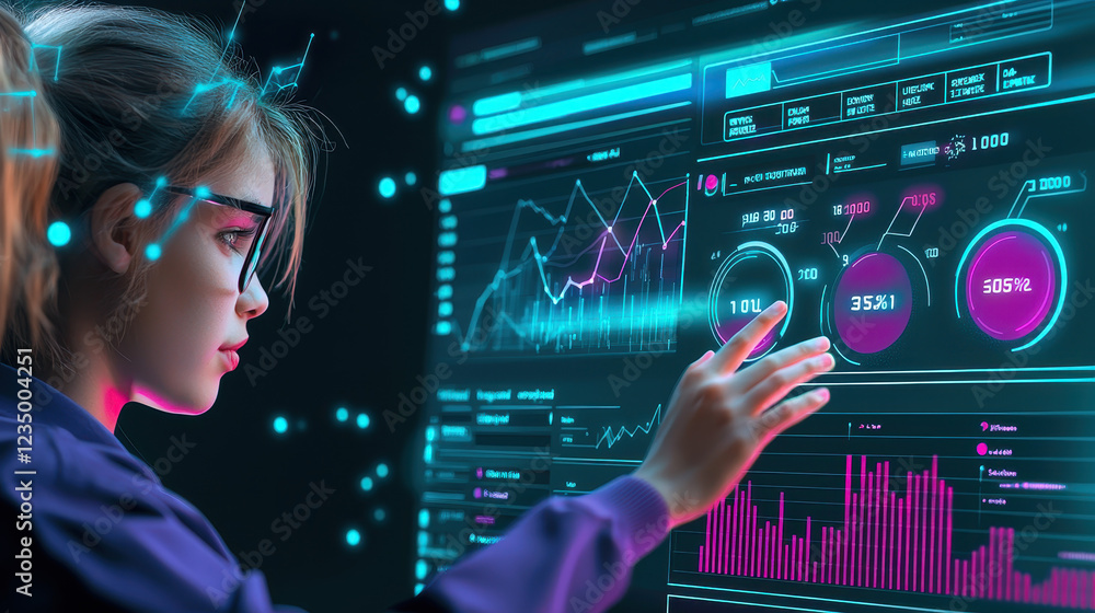 Poster young woman interacts with colorful digital dashboard displaying data analytics and graphs, showcasi