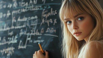Fototapeta premium Blonde Girl Writing on Chalkboard