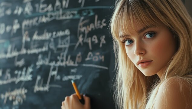 Blonde Girl Writing on Chalkboard
