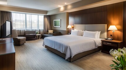 Cozy and modern hotel room with king size bed and natural lighting : Generative AI
