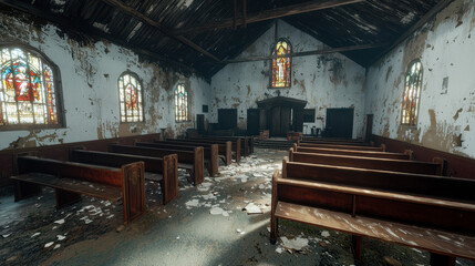 Obraz premium old, crumbling church interior with stained glass windows and debris