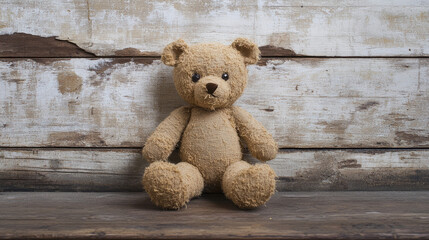 Vintage teddy bear sits on a wooden surface. It's made from old, special fabric and can be a collector's item for both young and old.