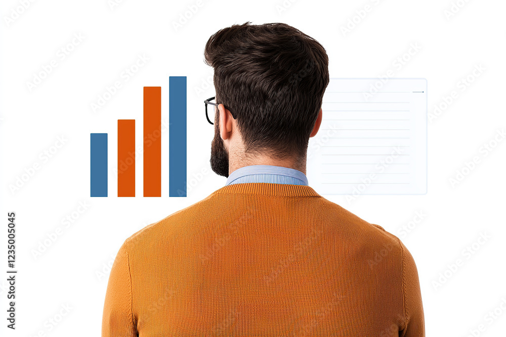 Aufkleber man in brown sweater looks at bar chart and notes, symbolizing data analysis and business strategy. 