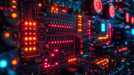 Obraz premium Close-up view of a colorful and intricate circuit board with glowing lights.