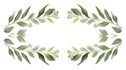 Eucalyptus leaves border with green foliage frame on white background