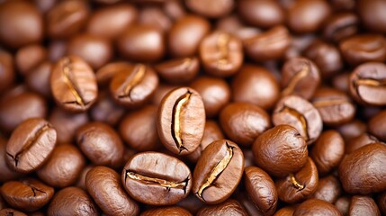 Obraz premium Macro Closeup of Glossy Roasted Coffee Beans Showing Rich Texture : Generative AI