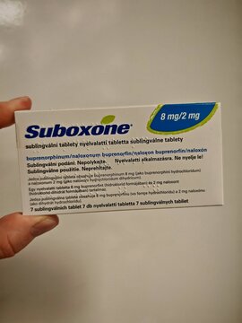 Prague,Czech Republic-January 8 2025: SUBOXONE strips used for opioid dependence treatment combining buprenorphine and naloxone

