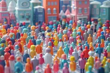 Colorful crowd of miniature figures in a vibrant cityscape, symbolizing community.