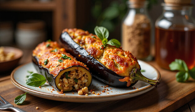 Delicious makdous stuffed eggplant in rustic pantry, Middle Eastern cuisine, Traditional Middle Eastern Dishes