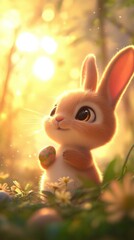 A cute Easter bunny holds an egg in a sunlit meadow filled with flowers, creating a warm and cheerful atmosphere.
