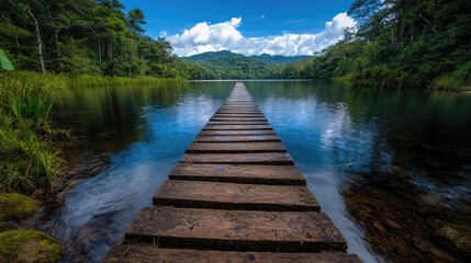 Wooden dock extends to tranquil lake, lush forest backdrop, serene nature scene, travel poster