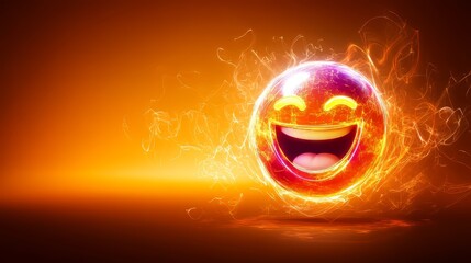 Vibrant glowing happy emoji with a fiery aura on an orange background.