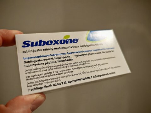 Prague,Czech Republic-January 8 2025: SUBOXONE strips used for opioid dependence treatment combining buprenorphine and naloxone

