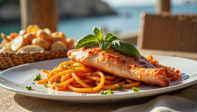 Delicious samak harra with pasta at coastal restaurant table, culinary delight, Traditional Middle Eastern Dishes