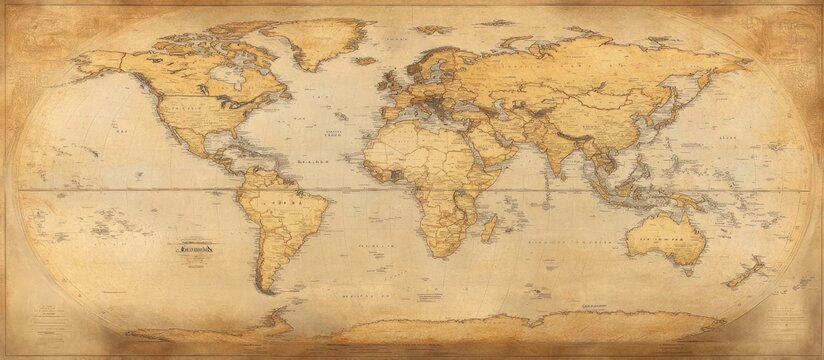 Fototapeta A vintage world map background with an aged texture and sepia tones, evoking the spirit of global exploration