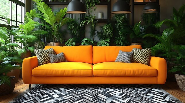 Orange Sofa in a Lush Tropical Living Room Setting - Powered by Adobe