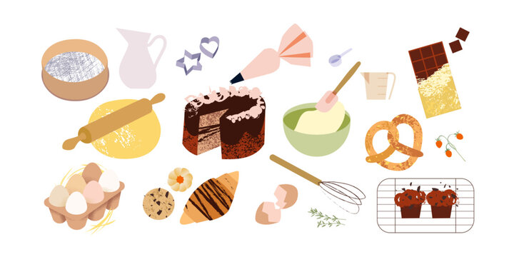 Pastry ingredients, baking tools, vector illustrations
