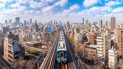 Fototapeta premium Elevated train approaching a sprawling city skyline under a partly cloudy sky.
