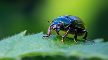Green Beetle Crawling on Leaf with Sunlit Background and Vibrant Colors : Generative AI