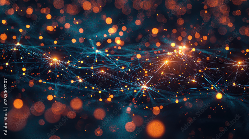 Poster futuristic quantum network visualizing entangled qubits and energy transfer in vibrant colors