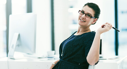 Woman, portrait and reporter confidence in office, professional journalist at news agency. Female...